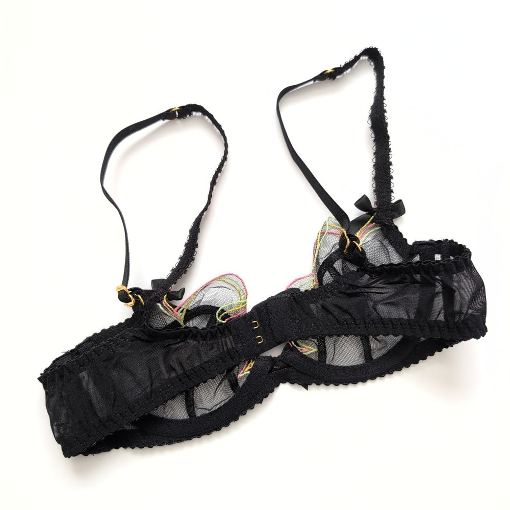 Agent Provocateur Black Mesh Balconette Bra Neon Trim Bows Size 32A Coquette‎ - Picture 4 of 6